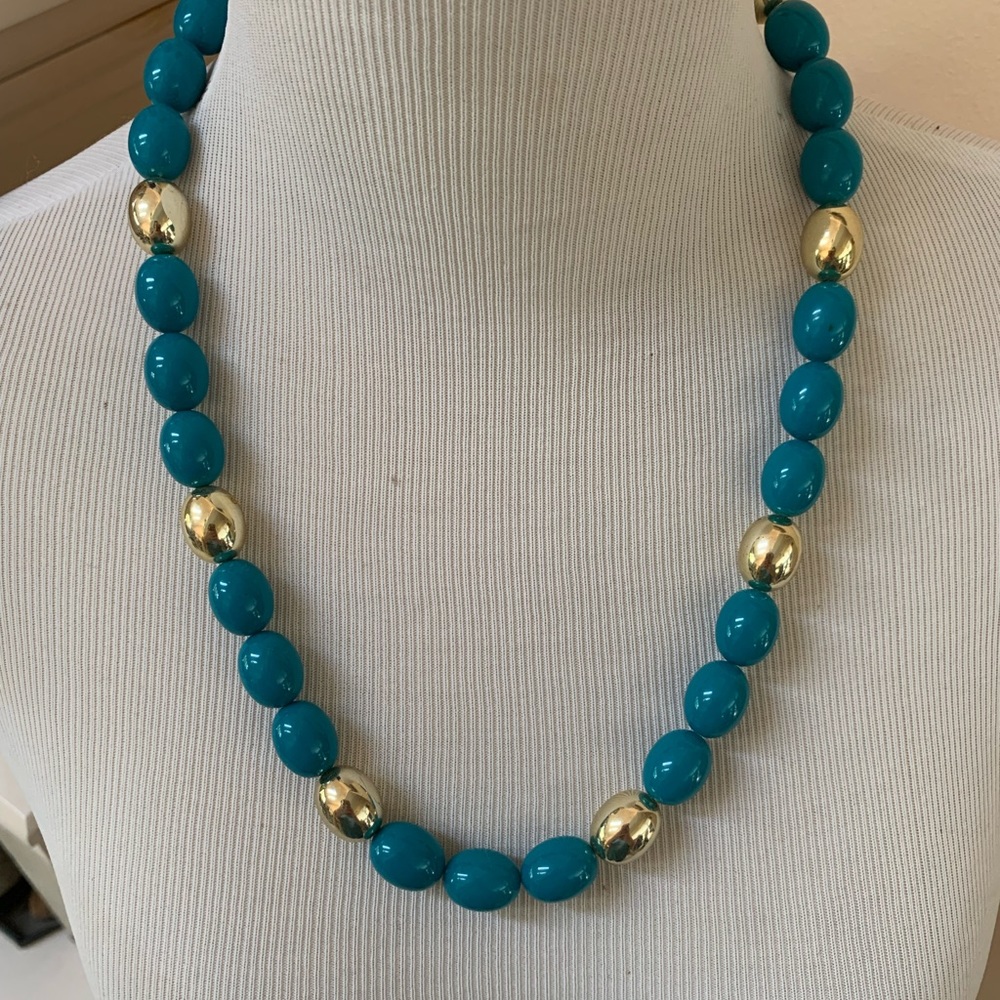 Teal and gold beaded necklace